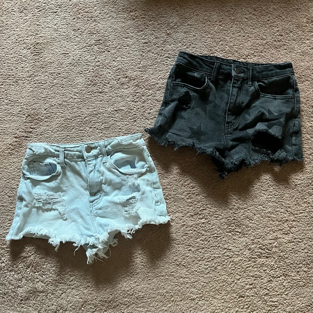 Black denim and light wash denim shorts